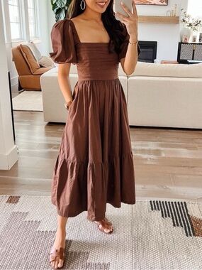 Abercrombie & Fitch Chocolate Brown Puff Sleeve Midi Dress